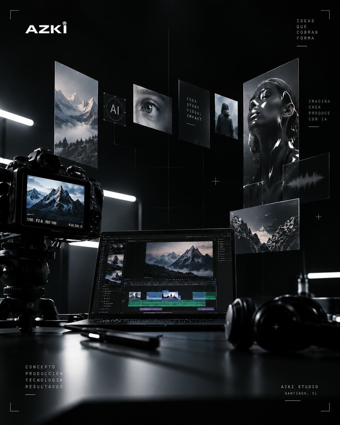 Set de producción de AZKI: cámara, edición en un laptop y paneles flotantes con piezas visuales generadas con IA.